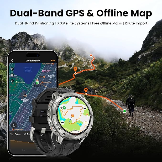 KOSPET Tank T4 GPS Smart Watch, Full Stainless Steel Body, Global Offline Maps & 6 Satellite Positioning, 100M Waterproof 45m Freediving, 1.43" AMOLED Display Outdoor Rugged Smartwatch for Men