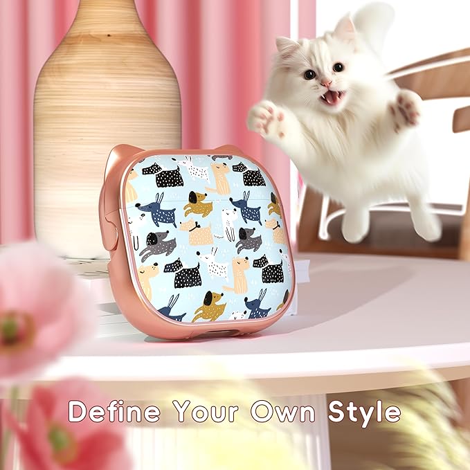 for AirPods 4 Case with Cleaning Kit, Cute Cat Ear Print Design & Cute Buckle, Inverted Phone Holder Design, Top Safe Lock Buckle Design, for Girls AirPods 4 case 2024, Rose Gold Animal