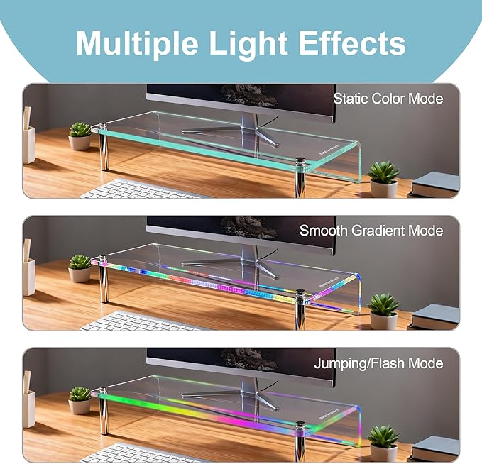 Acrylic Monitor Stand with RGB Lights, Music Sync Desk Riser with App & Button Control, Office Desktop Organizer for Gaming Setup and Home Office, Computer, Laptop, Printer, 23.6 Inch