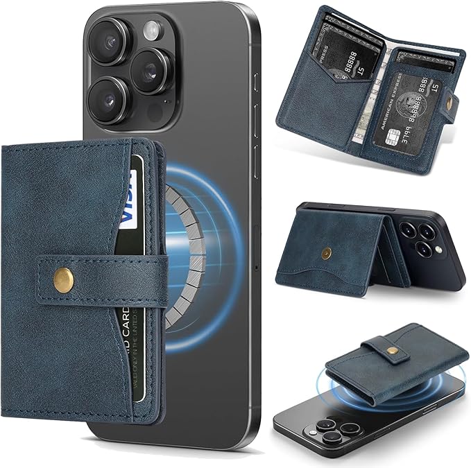 Ultra-Thin Magnetic Wallet Card Holder for iPhone and All MagSafe Protective Cases，Premium PU leather, powerful magnetic closure, stand function, 6 card slots (Blue)
