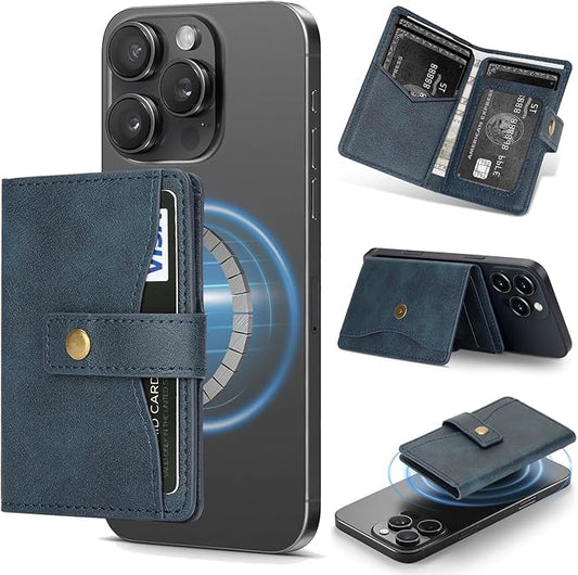 Ultra-Thin Magnetic Wallet Card Holder for iPhone and All MagSafe Protective Cases，Premium PU leather, powerful magnetic closure, stand function, 6 card slots (Blue)