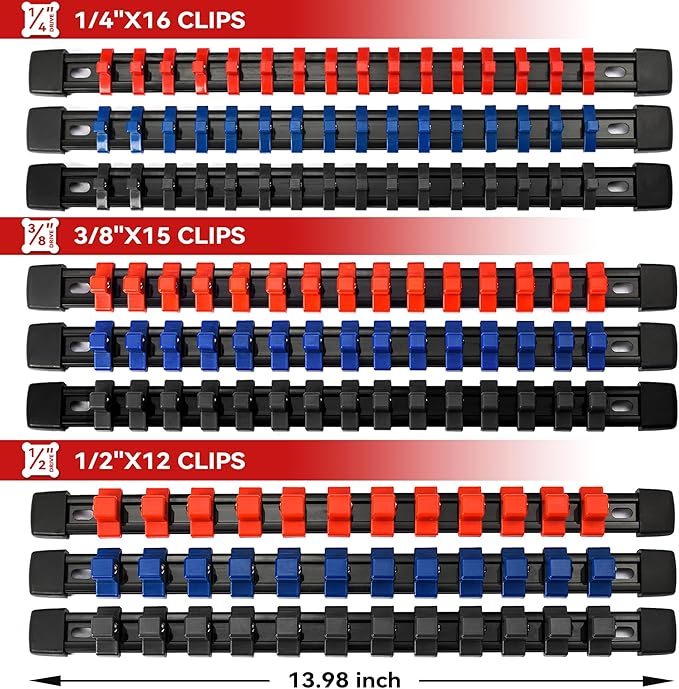 ALOANES 9PC ABS Socket Organizer, Socket Rails Fit 1/2 inch, 3/8 inch and 1/4 inch Drive, Heavy Duty Socket Holders Hold up to 129 Sockets, Black Rails with Red Blue Black Clips