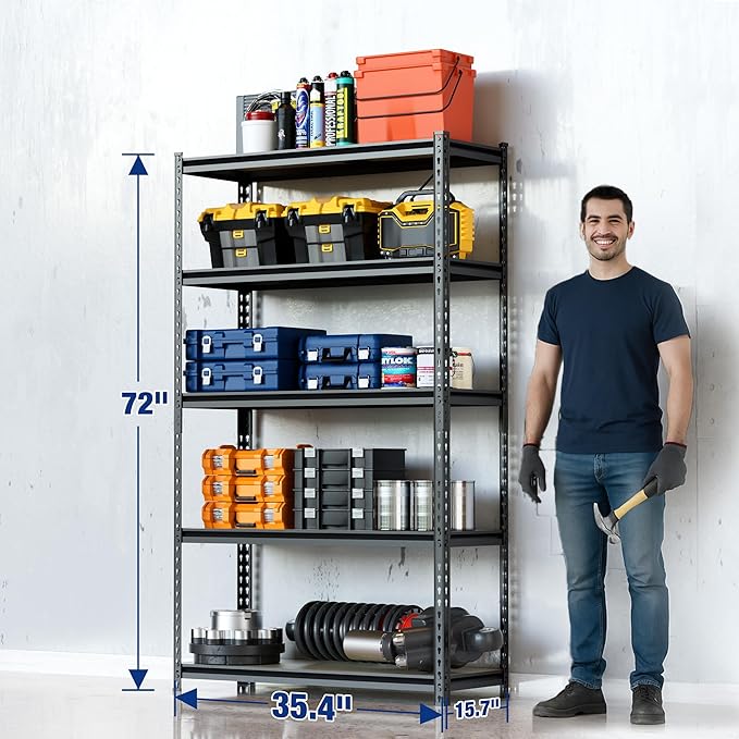 WORKPRO 5-Tier Storage Shelf, 72" H Heavy Duty Adjustable Garage Shelving Unit 2180LBS Capacity, for Basement, Kitchen, Pantry, 35.4”Wx15.7”Dx72”H, Black