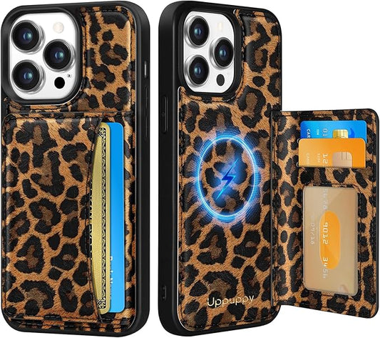 for iPhone 12 Pro Max Case with Wallet - Fits 4 Card Slots, Compatible with MagSafe for Women Aesthetic Durable PU Leather Credit Card Holder Kickstand Phone Cover for Apple 12 Promax, Leopard