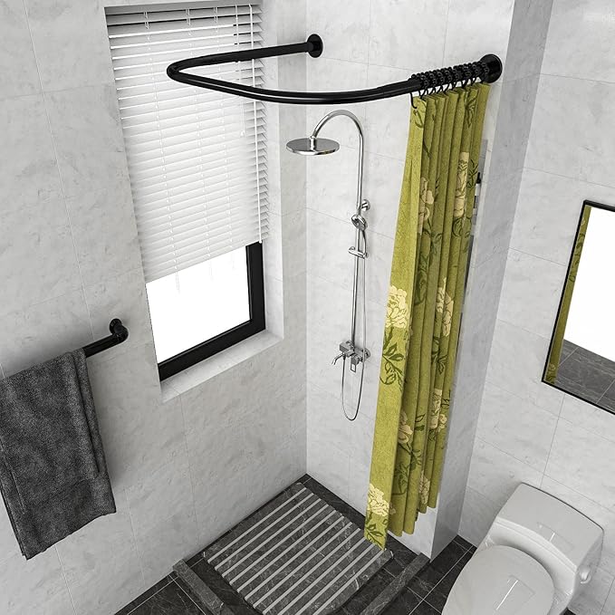 U Shower Curtain Rod Adjustable Stainless Steel U Shaped Rack Drill Free Install for Bathroom, Bathtub, Clothing Store (Black U Shaped, Length on both sides:31.5"-47",Middle width:34.7"-43")
