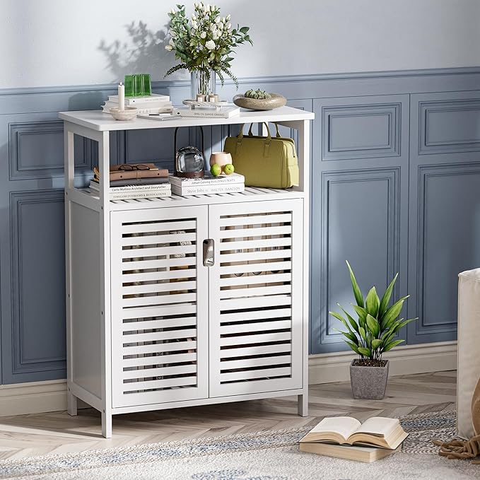 HITNET White Bathroom Cabinet, Bamboo Storage Cabinet Freestanding, Side Tall Storage Organizer for Kitchen Living Room Entryway
