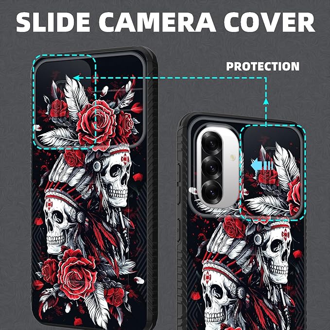 for Galaxy A36 5G/A56 5G Case Built in Slide Camera Lens Cover,Heavy Duty Shockproof Protection Dual Layer Case for Samsung Galaxy A36 5G/A56 5G 6.7" 2025,Skull Art with Feathers and Roses