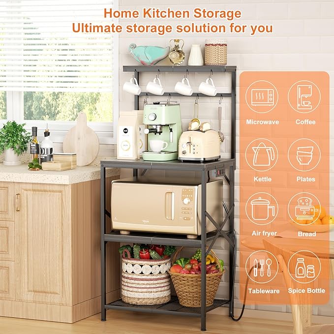 Kitchen Bakers Rack with Power Outlet, Small Coffee Bar Cart 4 Tiers, Microwave Stand with 8 Hooks, Adjustable Shelf, Freestanding Kitchen Appliance Stand, Black Oak