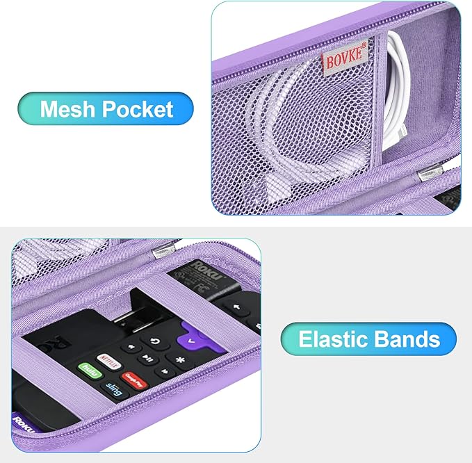 BOVKE Hard Case for Roku Voice Remote Controller, Streaming Stick+ / 4K, TV Remote Case for Steaming Stick 3820R/ 3821R/3941R, Extra Mesh Pocket for Adapters, Cables, Purple