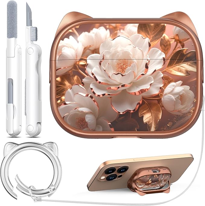 RFUNGUANGO AirPods Pro Case for Women Girly Cat Case with Lock, Phone Stand, Keychain & Cleaner Kit, Compatible with Apple Airpods Pro 2nd/1st Generation Case Cover, Rose Gold Peony