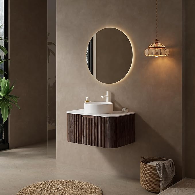 KEIKI 36" Bathroom Vanity Cabinet with Sink Combo, Wall Mounted Curved Edges Striped Floating Bathroom Vanity with Soft-Close Drawer, White Round Ceramic Basin Without Faucet, Dark Walnut