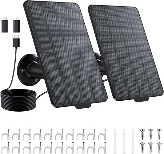 3W Solar Panel for Battery-Powered Security Cameras,USB-C & Micro USB Solar Charger for Wireless Outdoor Cameras,IP65 Waterproof, 9.8ft Cable, 360° Adjustable Mount (Black, 2 Pack)