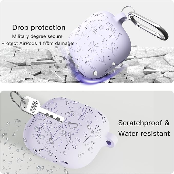 DamonLight Flora Engraved Case for AirPods 4 with Active Noise Cancellation Cover Shockproof Protective Soft Silicone Case with Cleaning Pen and Keychain for Apple Airpods 4th Generation (Purple)