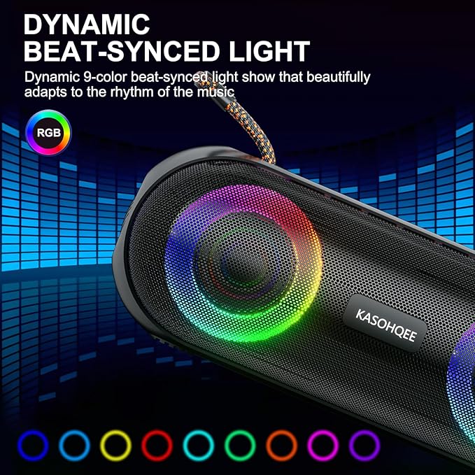 Portable Bluetooth Speaker with RGB Lights, 20W Loud Sound, IPX6 Waterproof, 20H Playtime, Wireless Speakers for Travel, Sport, Party, Outdoor, Shower