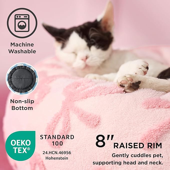 LE SURE Donut Medium Dog Bed - Round Cat Beds for Indoor Cats Calming Pet Beds, Cute Modern Beds with Jacquard Shaggy Plush & Anti Slip Bottom, 30 Inch, Pink Taffy