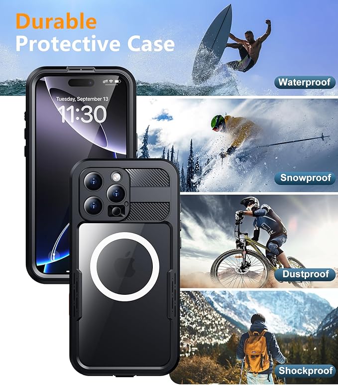 Red2Fire Magnetic for iPhone 16 Pro Case Waterproof, [Built-in Screen Protector][Compatible with MagSafe] [Full Body Shockproof] [Dustproof] Heavy Duty Rugged Phone Cover 6.3" Black