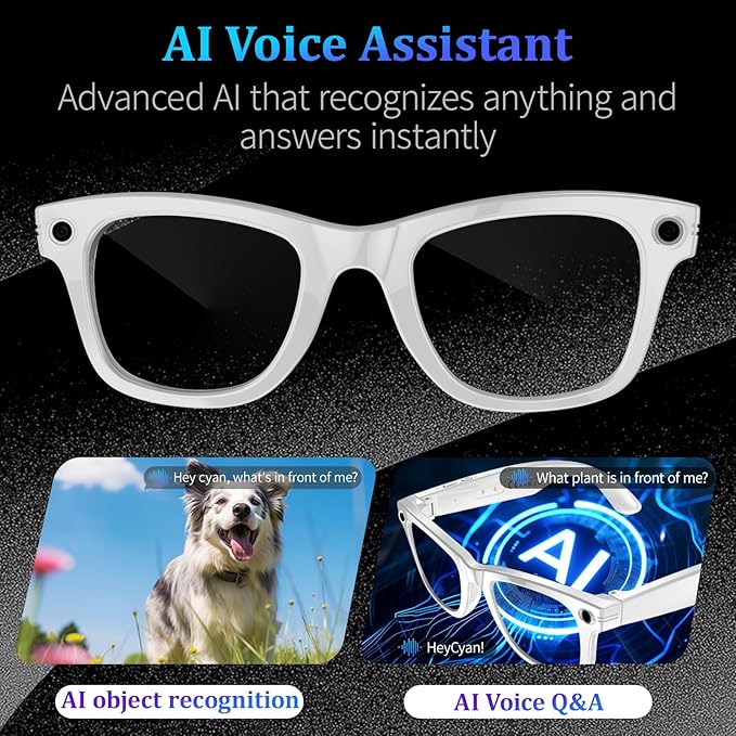 AI Smart Glasses with 8MP Camera, 4K Video & HD Photo, Bluetooth Audio, AI Voice Assistant, Real-Time Translation, Object Recognition, Noise-Cancel Calls, Music,Photochromic +2 Red Lenses