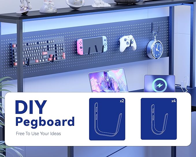 Pamray 60 Inch L Shaped Gaming Desk with LED Lights and Power Outlets Reversible Corner Computer Desk with Pegboard Storage Shelves Home Office Table for Work Study Marble