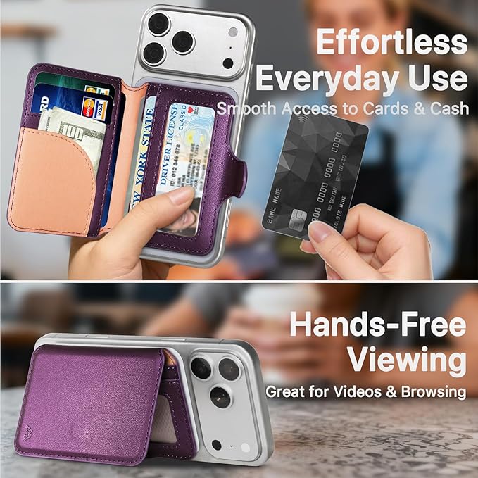 for MagSafe Wallet, Magnetic Phone Wallet RFID Blocking, Slim 5-8 Card Holder with Cash Slot & Clear ID Window, Minimalist Mag Safe Wallets for iPhone 17/16/15/14/13/12 Series, Amethyst Purple