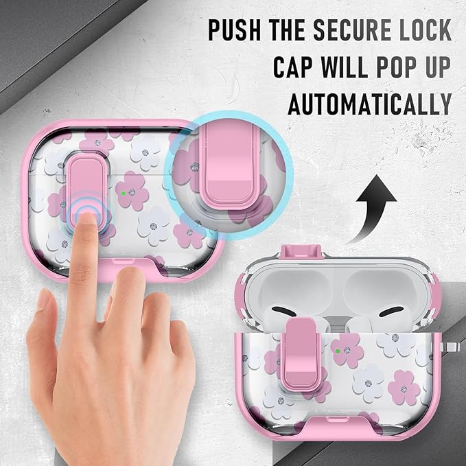 Compatible Airpods Pro 3 Case (2025) with Phone Stand & Cleaner Kit,Cute Flower Print Soft Silicone Lock Clip Apple AirPods Pro 3rd Generation Case, Airpod Pro 3 Cover with Keychain for Women/Girls