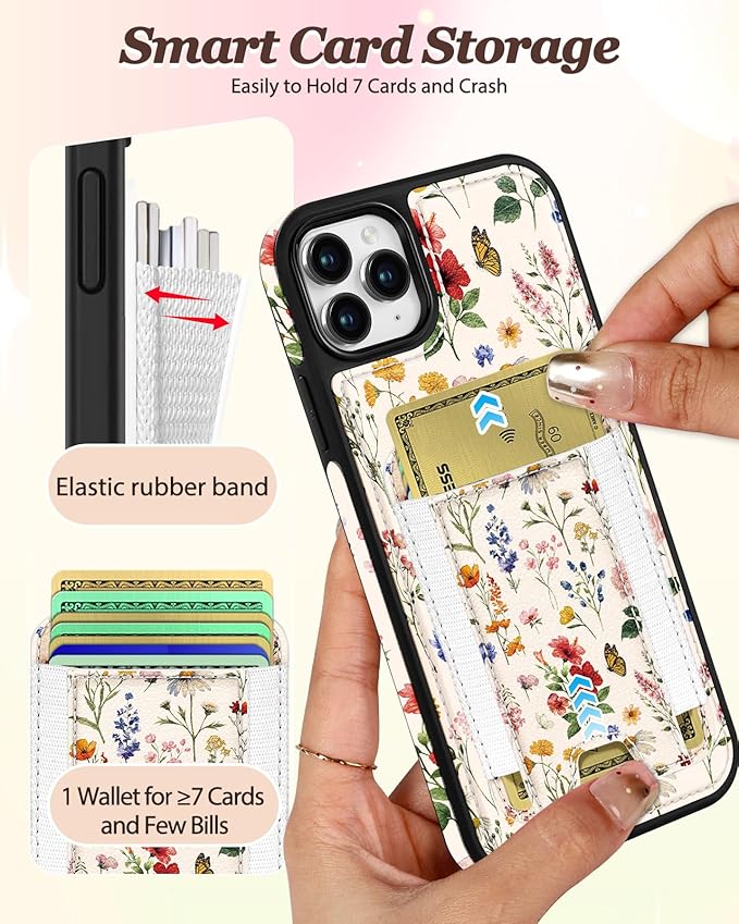 Shorogyt for iPhone 11 Pro Max Wallet Case - Fits 5 Cards, Compatible with Magsafe Detachable Magnetic Credit Card Holder Leather Cardholder Cute Phone Cover Women Girls for Apple 11 ProMax, Floral