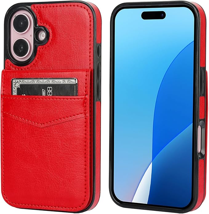 KIHUWEY Compatible with iPhone 16 Case Wallet with Credit Card Holder, Flip Premium Leather Magnetic Clasp Kickstand Heavy Duty Protective Cover for iPhone 16 6.1 Inch (Red)