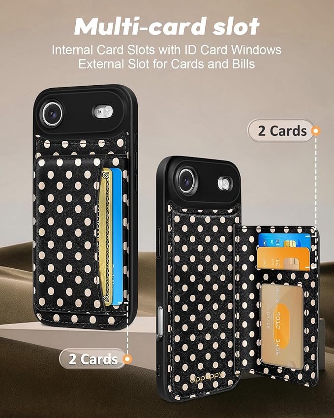 for iPhone 17 Air Case with Wallet - Fits 4 Card Slots, Compatible with MagSafe for Women Aesthetic Durable PU Leather Credit Card Holder Kickstand Phone Cover for Apple 17 Air, Polka Dots