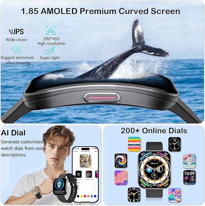 Smart Watch for Men Women, Bluetooth Calls, AI Dial,AI Q&A,1.85" HD AMOLED Curved Display Fitness Watch with Heart Rate/SpO2/Stress Monitor, Pedometer,110+ Sports Waterproof IP68 Smartwatch, Black