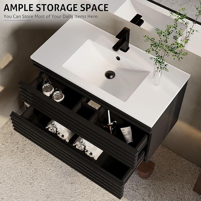 eclife 36" Floating Bathroom Vanity with Sink Combo Mid-Century Wall Mounted Cabinet with Wood Stripes Decor, Drawers, Undermount Sink, Faucet, Drain, Black