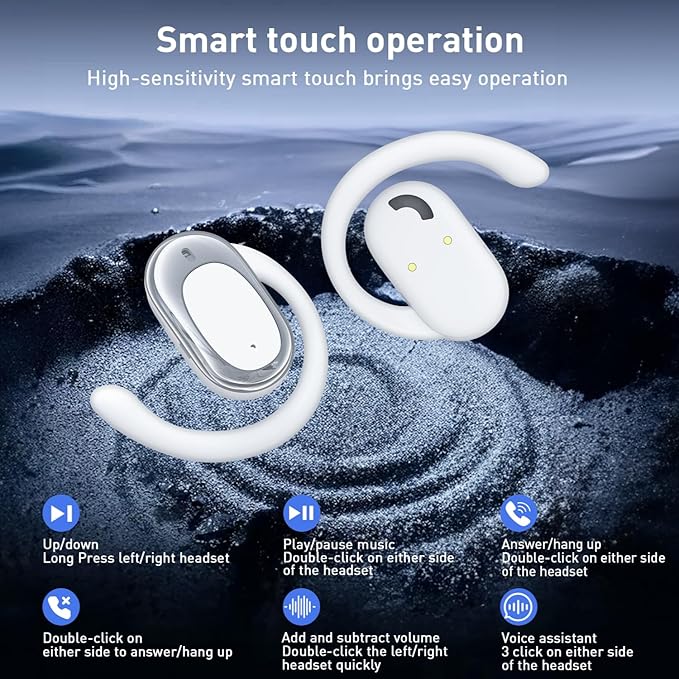 Adjustable Silicone Open Ear Headphones Wireless Bluetooth 5.4, Earbuds with Earhooks, IPX7 Waterproof, Bone Conduction Open Ear Earbuds for Running and Workout, Fast Charging