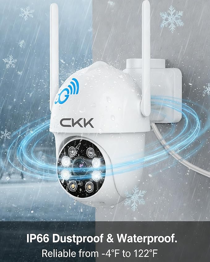 CKK 2K Security Cameras Outdoor 2Pack, 2.4G/5G Wireless Home Security Cameras, 360 PTZ, PIR Motion Detection, Color Night Vision, 2-Way Talk, Waterproof, Audible & Floodlight Alarm, Works with Alexa