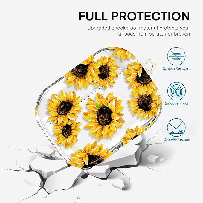 Maxjoy for AirPods Pro 3rd Generation Case, Clear Flower AirPods Pro 3 Case for Women Girly Cute Soft AirPod Pro 3 Cover with Keychain Strap for AirPod Pro 3rd Gen Cover 2025, Sunflower