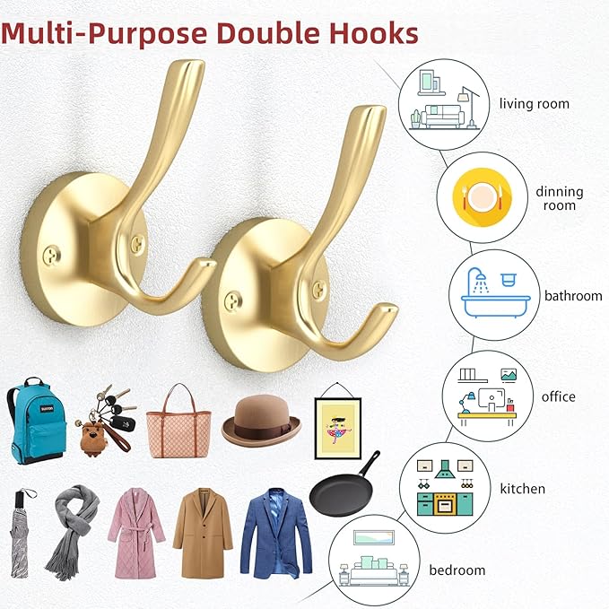 ZUONAI Gold Hooks 12 Pack Brushed Gold Wall Hooks Heavy Duty Metal Coat Hooks for Hanging Coats and Hat Hooks Wall Mounted Towel Hooks for Bathrooms