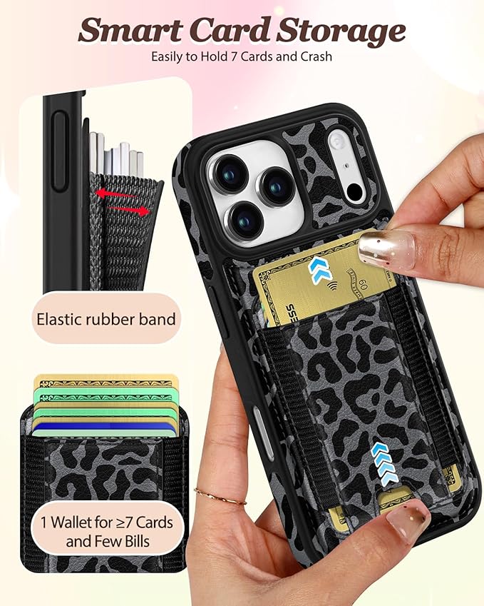 Shorogyt for iPhone 17 Pro Max Case Wallet - Fits 5 Cards, Compatible with Magsafe Detachable Magnetic Credit Card Holder Leather Cardholder Cute Phone Cover Women Girls for Apple 17 ProMax, Leopard