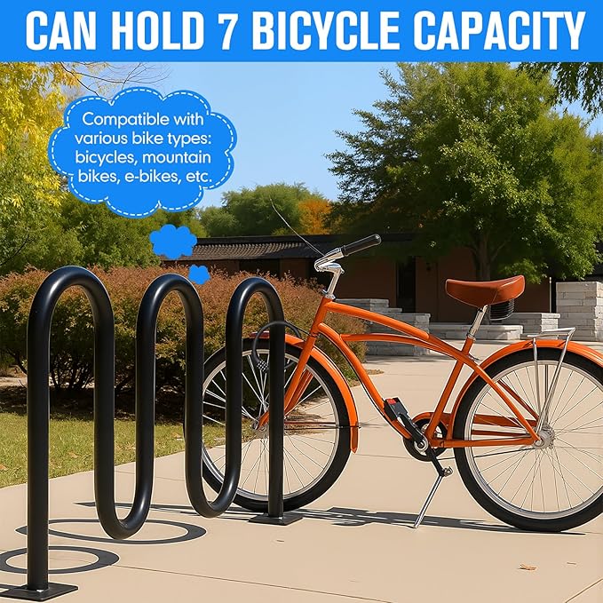 7 Bike Capacity Wave Bike Rack Commercial Bicycle Rack 68" L Heavy Duty Galvanized Steel Bicycle Organizer Ground Parking Stand for Outdoor Garages Streets Yards Parks Schools Sidewalks