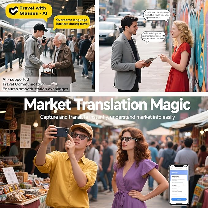 AI Smart Wireless Bluetooth Translation Glasses for Men/Women with Speakers/Bluetooth&140+ Languages Translation Sports/Travel/Drive/Busniess (E13+AI+Color Change Lenses+Black)