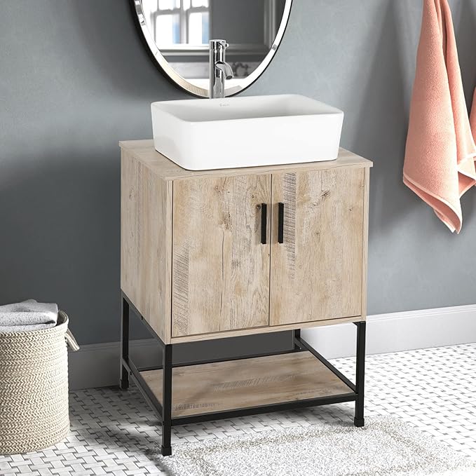 eclife 24" Bathroom Vanity Sink Combo Modern Metal Stand Cabinet W/Bottom Shelf White Rectangle Vessel Sink & Water Save Faucet & Pop Up Drain, Oak (T03)