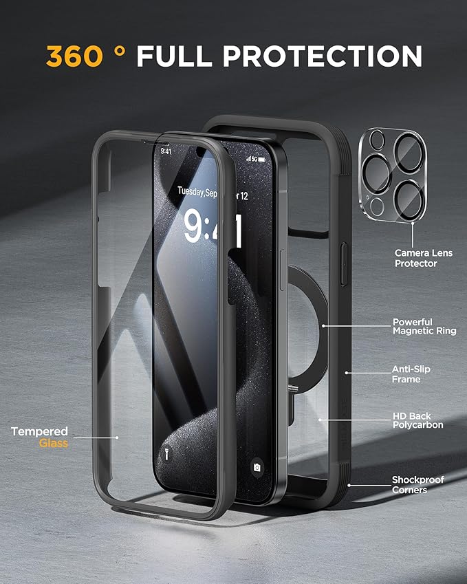 Miracase for iPhone 15 Pro Max Case with 360° Magnetic Ring Stand [Compatible with Magsafe] Full-Body Drop Proof Bumper Phone Case with Built-in 9H Tempered Glass Screen Protector,Black