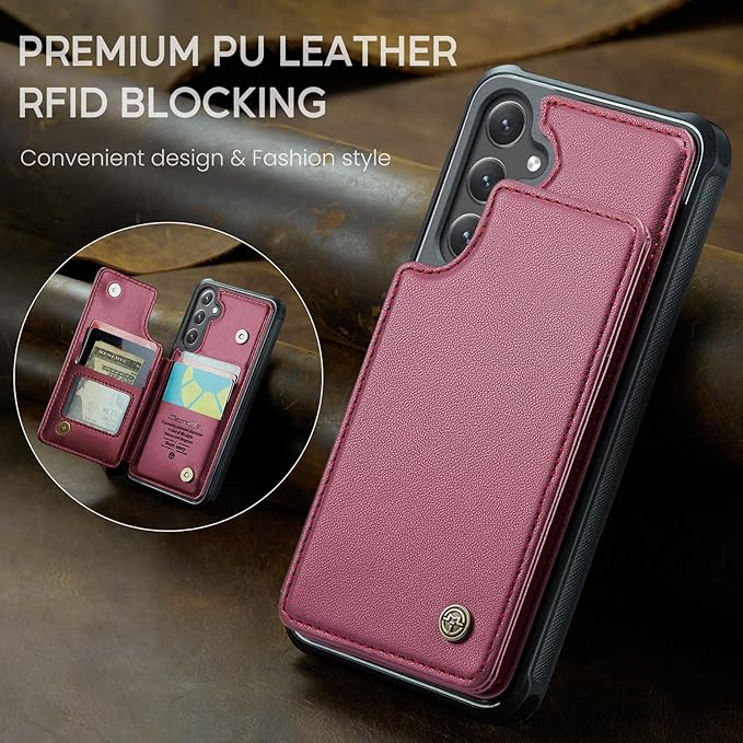 Bemal for Samsung Galaxy S24 Plus Wallet Case with Card Holder, RFID Blocking, Shockproof Leather Kickstand for Men and Women, Durable Protective Phone Cover for 6.7", Wine Red