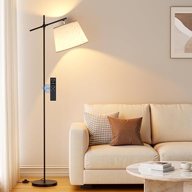 SIBRILLE Floor Lamp with Linen Shade, Dimmable Tall Standing Lamp with Remote Control & 3 Color Temperatures Bulb, Modern Swing Arm Floor Lamps for Living Room Bedroom Office Corner