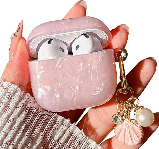 for Airpod 4 Case Cute Luxury Marble Protective Cover with Glitter Shell Pearl Keychain Compatible with AirPods 4th Generation Case 2024 for Girls Women (Pink)