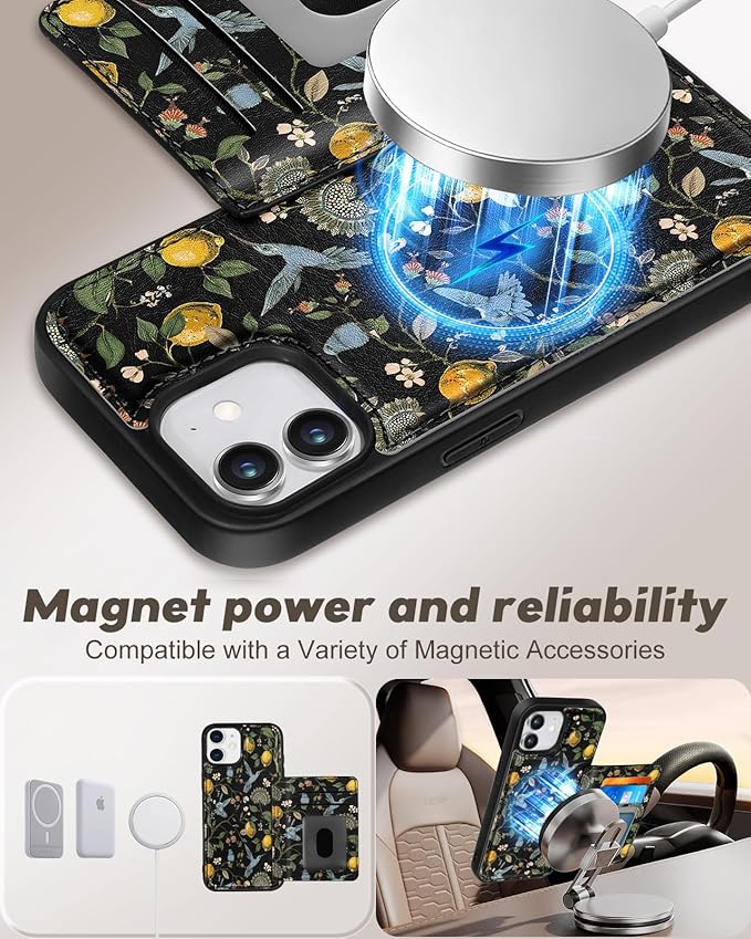 for iPhone 11 Case with Wallet - Fits 4 Card Slots, Compatible with MagSafe for Women Aesthetic Durable PU Leather Credit Card Holder Kickstand Phone Cover for Apple 11, Lemon Bird