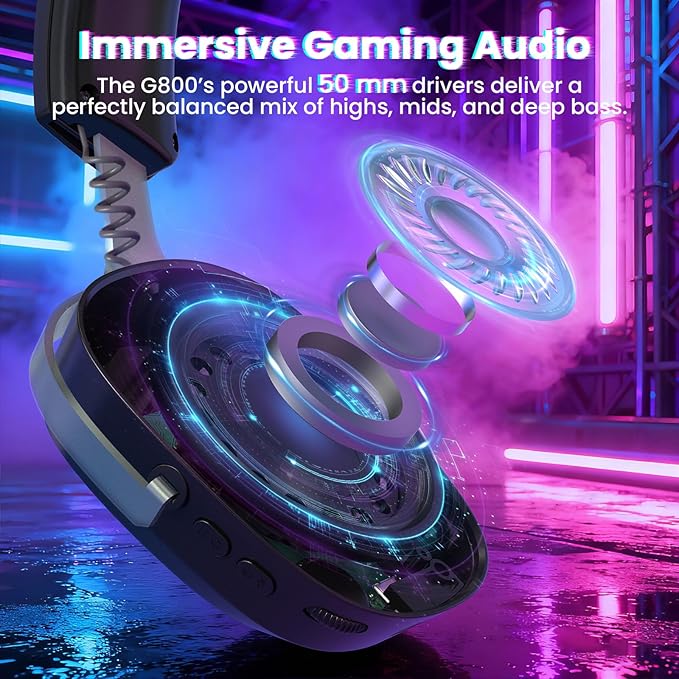 ATTACK SHARK G800 Wireless RGB Gaming Headset:7.1 Surround Sound-50mm Drivers-Memory Foam Ear Pads,Wired/2.4Ghz/BT,Ultralight,Durable Aluminum Frame,Detachable Mic,Programmable for PC Mac Gamer(Black)