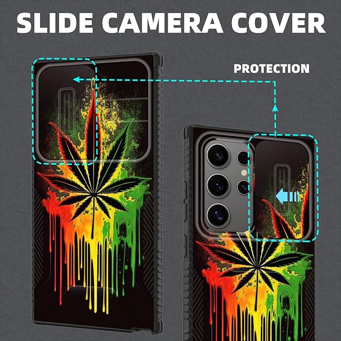 for Galaxy S24 Ultra Case Built in Slide Camera Lens Cover,Heavy Duty Shockproof Protection Dual Layer Case for Samsung Galaxy S24 Ultra 6.8" 2024,Marijuana Leaf Weed