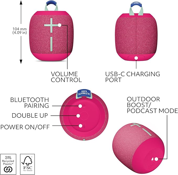 Ultimate Ears WONDERBOOM 4 Portable Waterproof Bluetooth Speaker with Big Bass and 360-Degree Sound, Dustproof Floating Speaker with 131ft (40m) Range - Pink