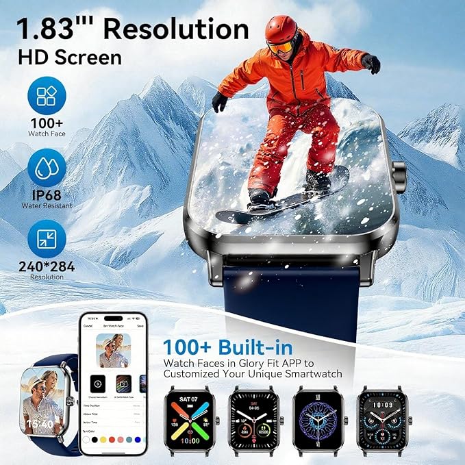 Smart Watch for Men Women Android & iOS, 5 ATM Waterproof Activity Fitness Tracker with Bluetooth 5.3 Calls, 130+ Sports Modes, 1.83" HD Smart Watch with Heart Rate/Sleep Monitor (Blue)
