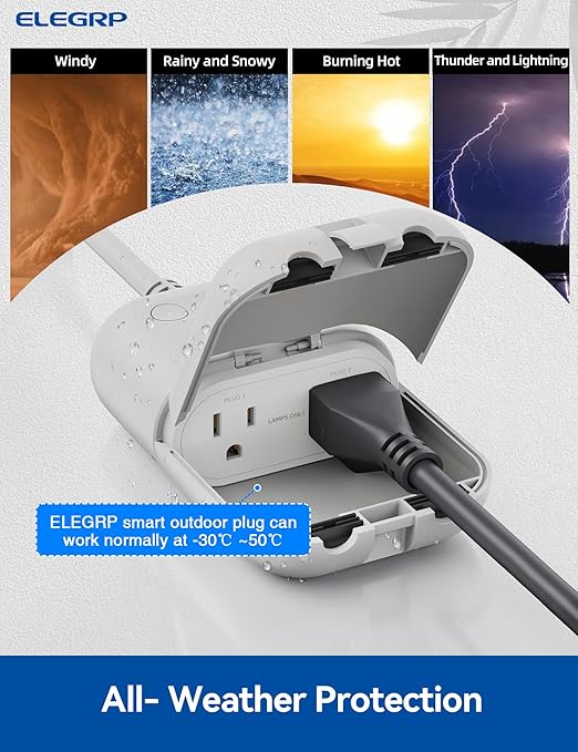 ELEGRP Outdoor Smart Dimmer Plug Waterproof IP66, Smart WiFi Plug with 2 Individually Sockets, Compatible with Alexa & Google Assistant, Outdoor Dimmer for String Lights, UL Listed, 2 Pack, Grey