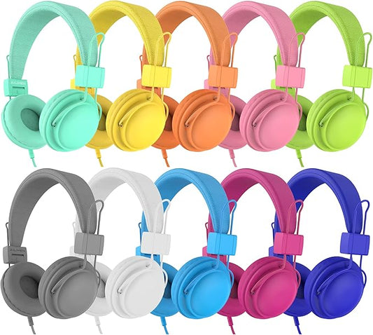AILIHEN Classroom Headphones Kids 10-Pack for School Student K-12, On-Ear Premium Bulk Wired Headset with Mic, 85dB Volume Limited & SharePort, 3.5mm Jack for Chromebook, Computer, Laptop (Multicolor)