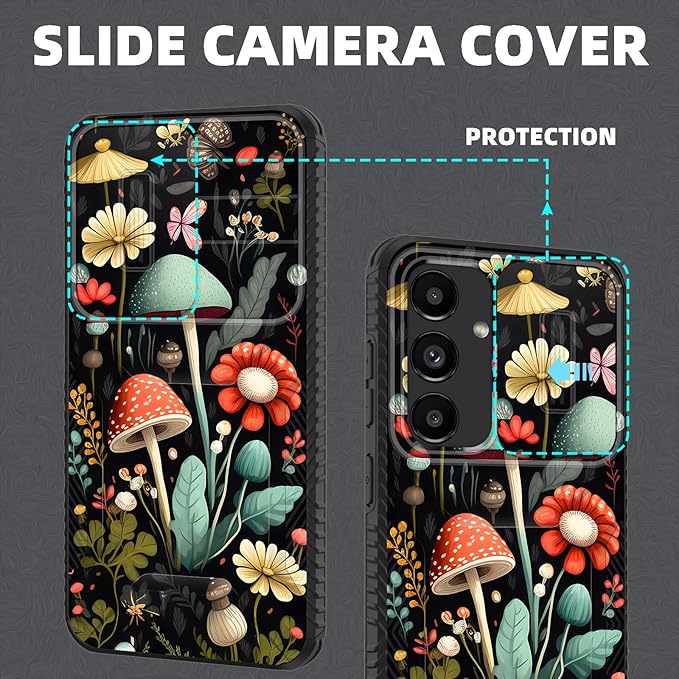 for Galaxy S24 FE Case Built in Slide Camera Lens Cover,Heavy Duty Shockproof Protection Dual Layer Case for Samsung Galaxy S24 FE 5G 6.7" 2024,Mushroom Forest