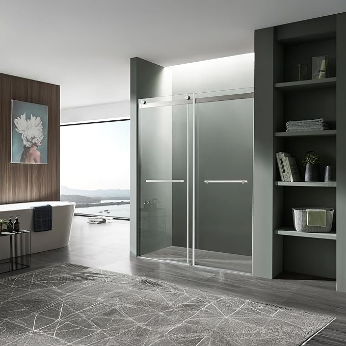 ANZZI 76 x 60 inch Frameless Shower Door, Brushed Nickel, Kahn Water Repellent Glass Shower Door with Seal Strip Parts and Handle | Easy Glide Rollers Sliding | SD-FRLS05802BN